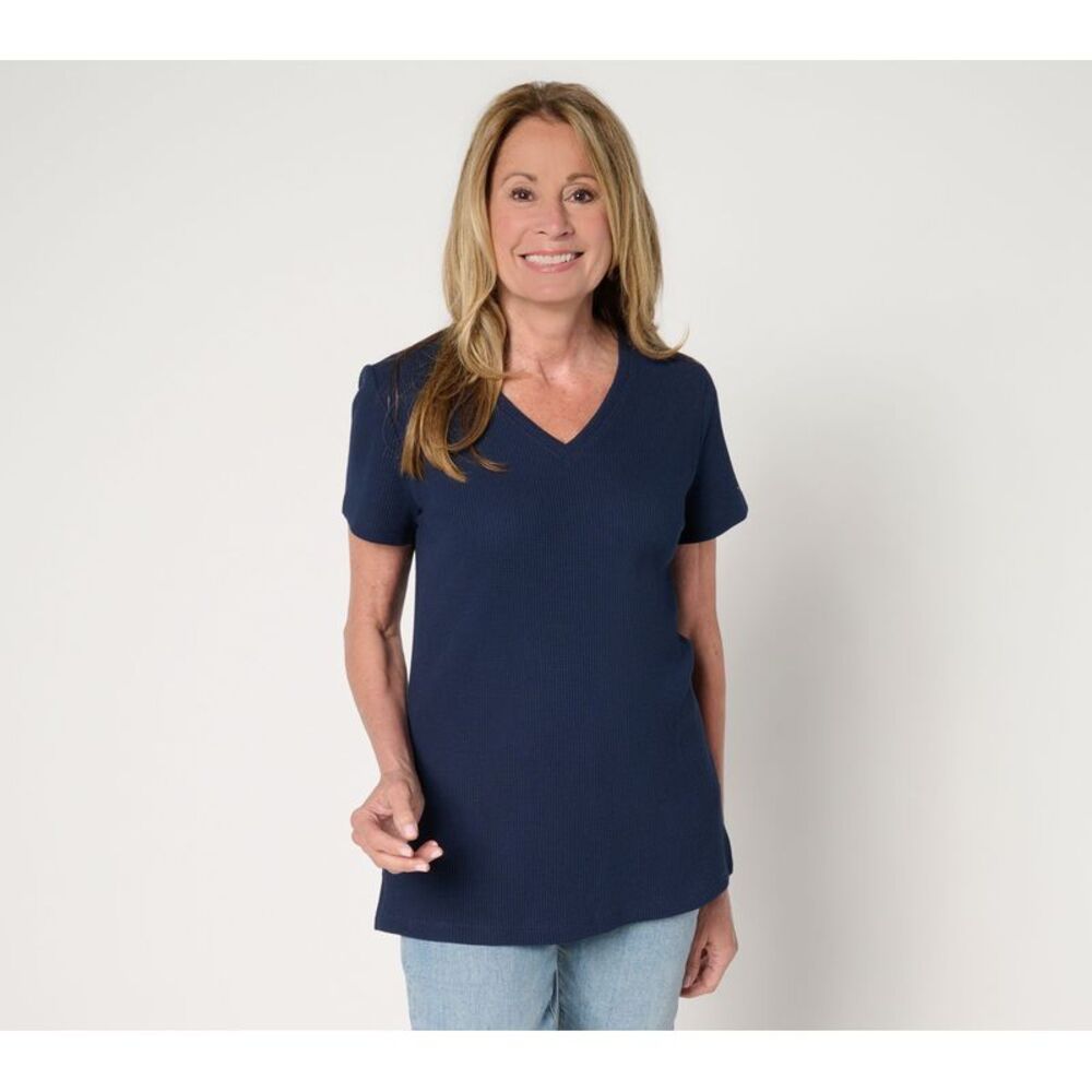 Belle by Kim Gravel Women's Top Sz L Baby Waffle Short Sleeve V-Neck Blue